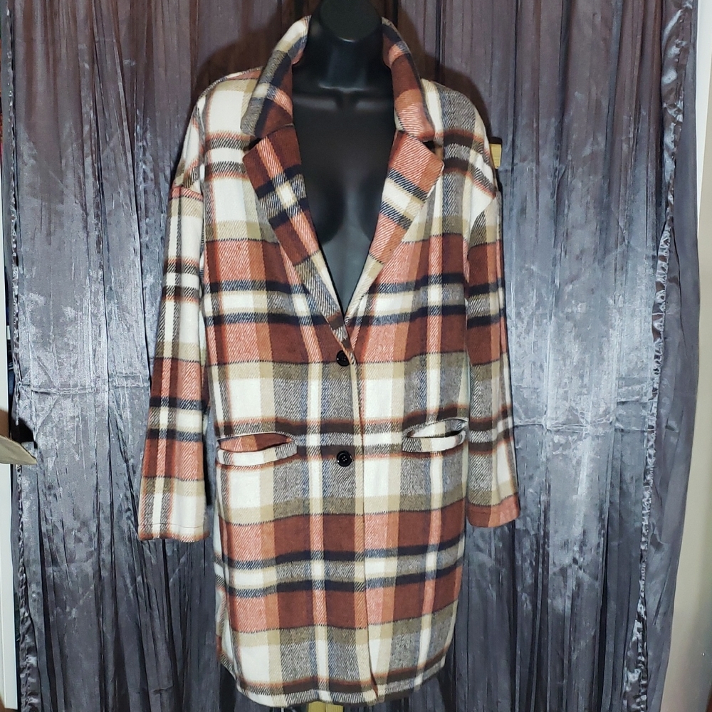 Men's Plaid Single-Breasted Coat - Rust/Navy/White